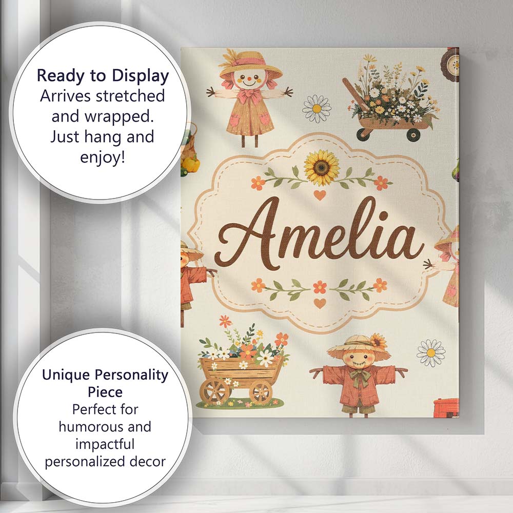 Personalised Name Cute Autumn Scarecrow Custom  Modern Room Accent Elegant Feature Canvas Wall Art Print Decor Picture Ready to Hang