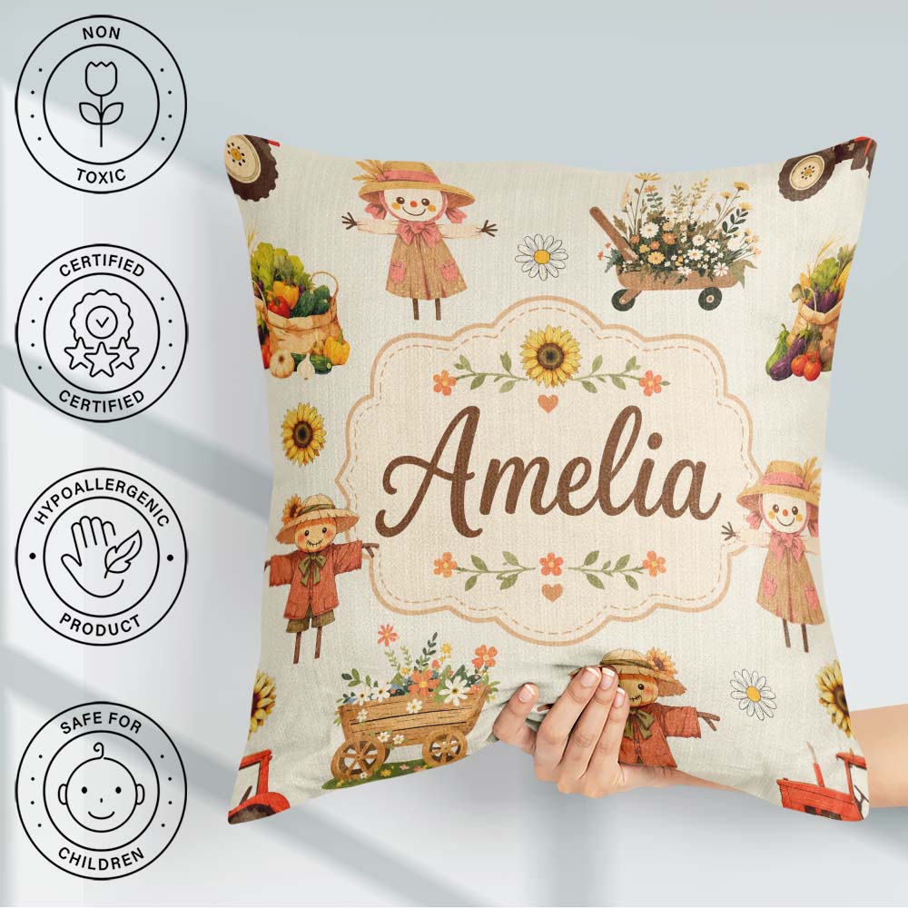 Custom Name Autumn Scarecrow Barn Flowers Seamless Pattern Cream Square Filled Cushion Throw Pillow Sofa Bed Home Decor Zip Washable UK Made