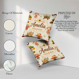 Custom Name Autumn Scarecrow Barn Flowers Seamless Pattern Cream Square Filled Cushion Throw Pillow Sofa Bed Home Decor Zip Washable UK Made