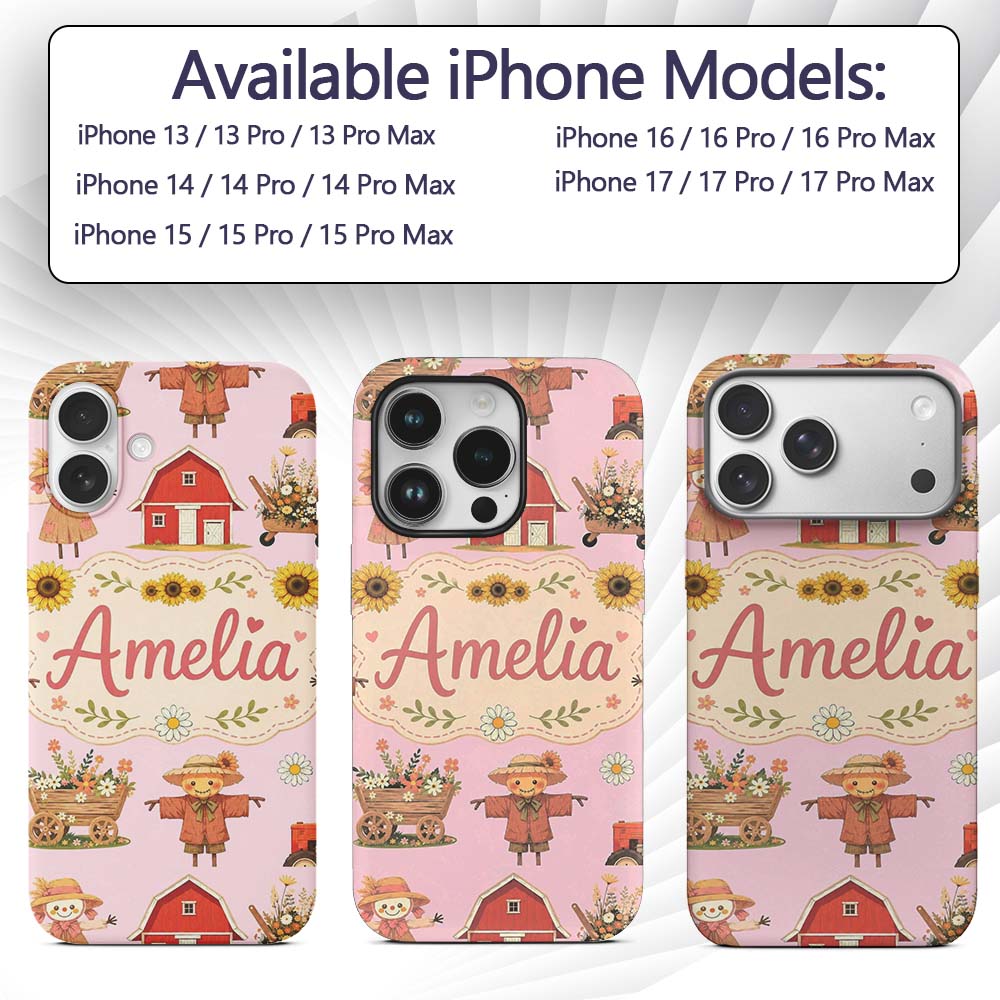 Cute Autumn Scarecrow Barn Flowers Printed Design Custom Name Protective Phone Case Mobile Cover Durable Everyday Smartphone Shock Resistant