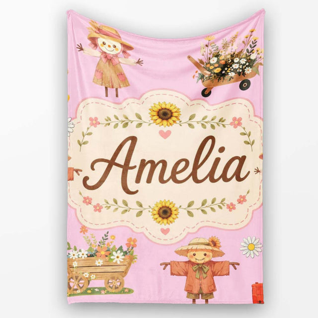 Cute Autumn Scarecrow Barn Flowers Seamless Pattern Rose Background  Personalised Custom Name Super Soft Fleece Blanket Bed Sofa Throw