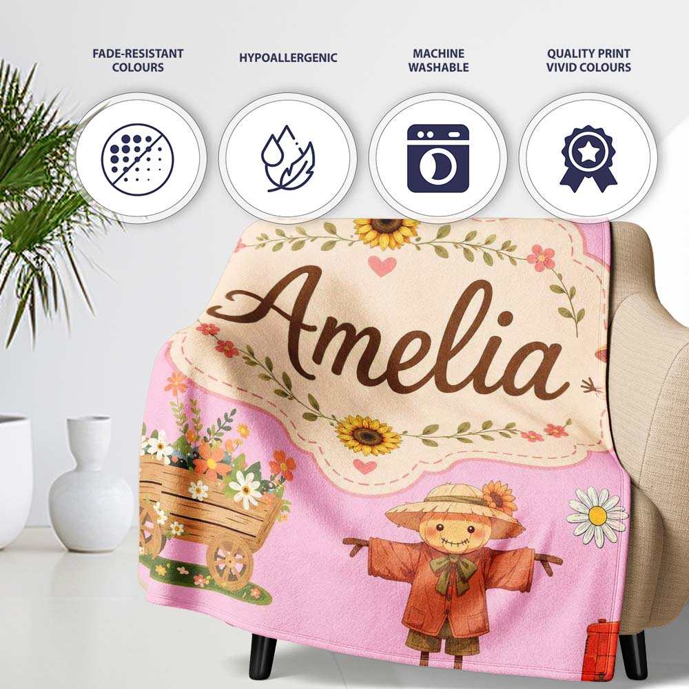 Cute Autumn Scarecrow Barn Flowers Seamless Pattern Rose Background  Personalised Custom Name Super Soft Fleece Blanket Bed Sofa Throw