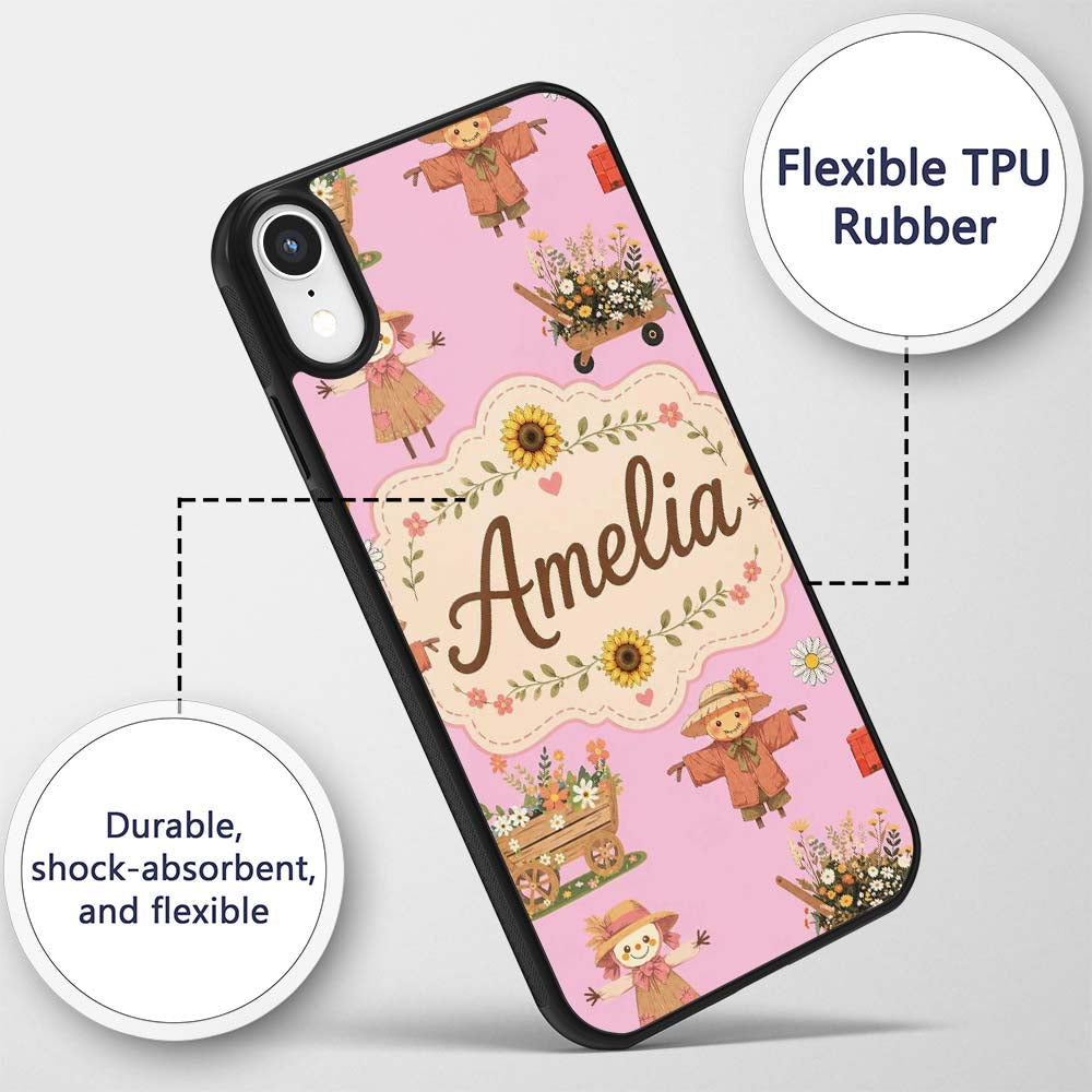 Cute Autumn Scarecrow Barn Flowers Printed Design Custom Name Protective Phone Case Mobile Cover Durable Everyday Smartphone Shock Resistant