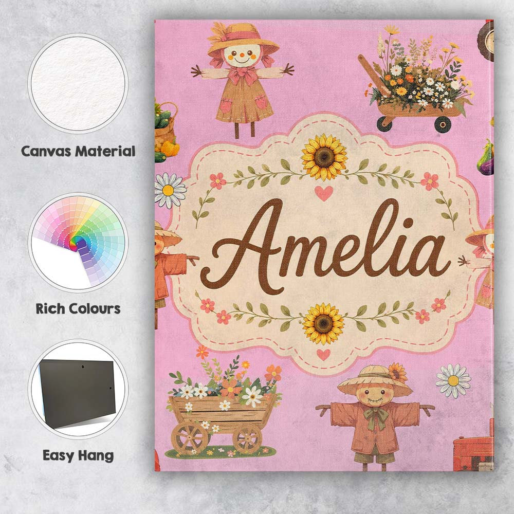 Personalised Name Cute Autumn Scarecrow Custom  Modern Room Accent Elegant Feature Canvas Wall Art Print Decor Picture Ready to Hang