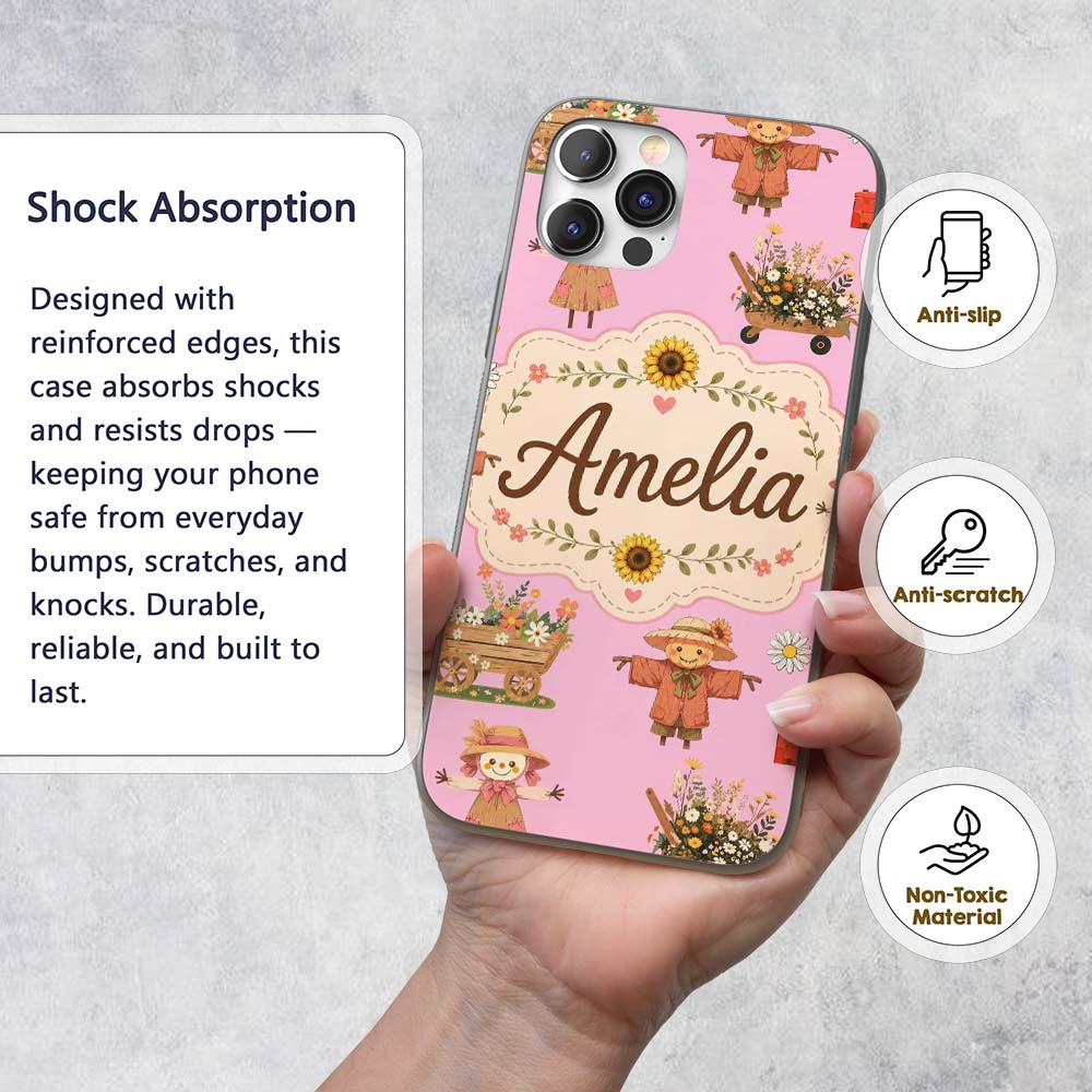 Cute Autumn Scarecrow Barn Flowers Printed Design Custom Name Protective Phone Case Mobile Cover Durable Everyday Smartphone Shock Resistant