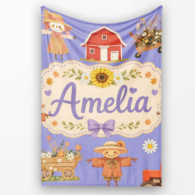 Cute Autumn Scarecrow Barn Flowers Seamless Pattern Purple Lovely  Personalised Custom Name Super Soft Fleece Blanket Bed Sofa Throw