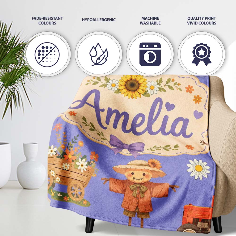 Cute Autumn Scarecrow Barn Flowers Seamless Pattern Purple Lovely  Personalised Custom Name Super Soft Fleece Blanket Bed Sofa Throw