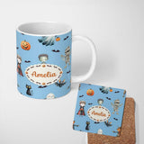 Personalized Custom Name Halloween Zombie Mummy Vampire and Bat Characters Bright Blue Lovely 11oz Ceramic Coffee Tea Mug White Large Handle