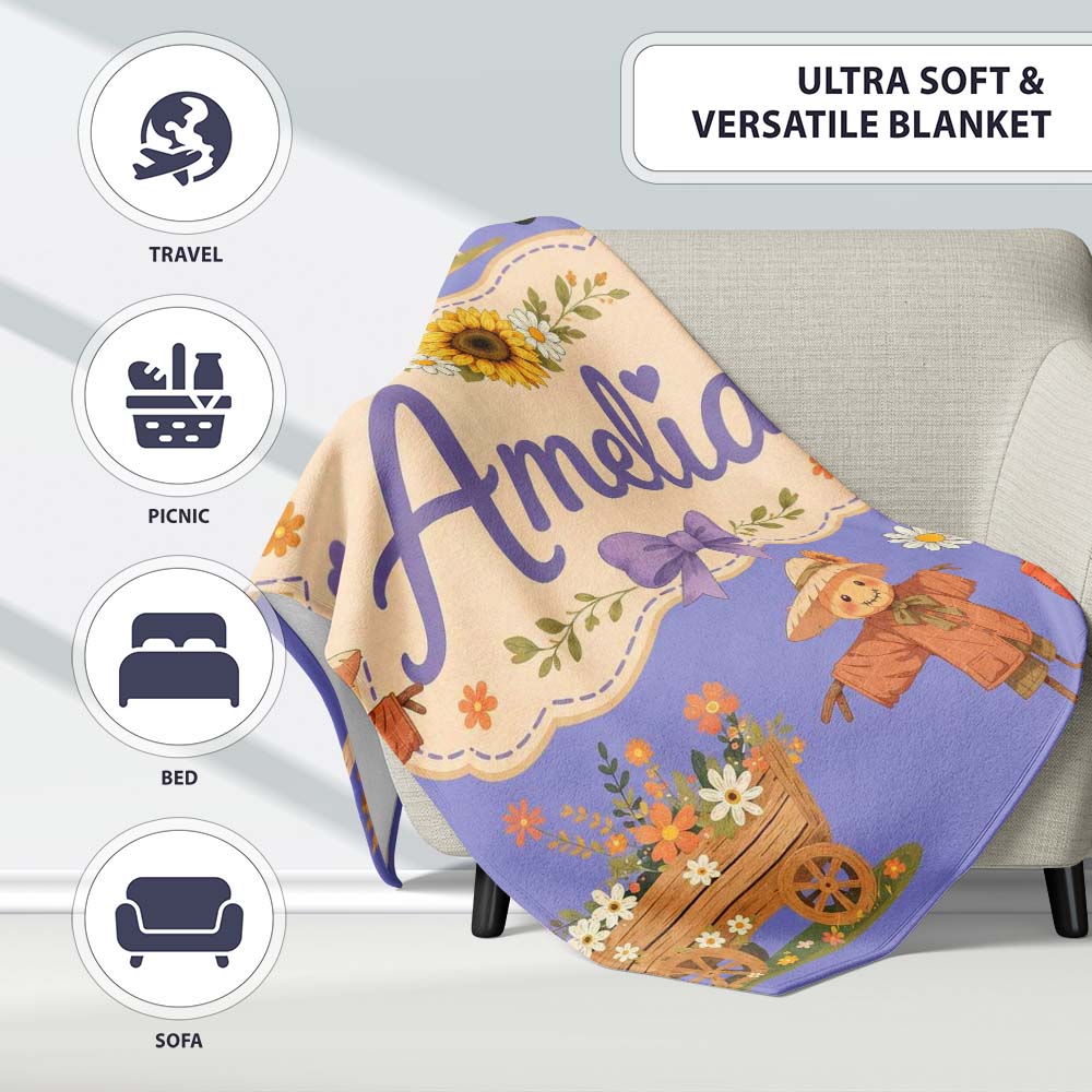 Cute Autumn Scarecrow Barn Flowers Seamless Pattern Purple Lovely  Personalised Custom Name Super Soft Fleece Blanket Bed Sofa Throw