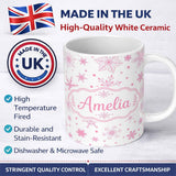 Personalized Custom Name Elegant Pink Snowflakes White Background Seamless Pattern Lovely 11oz Ceramic Coffee Tea Mug White Large Handle