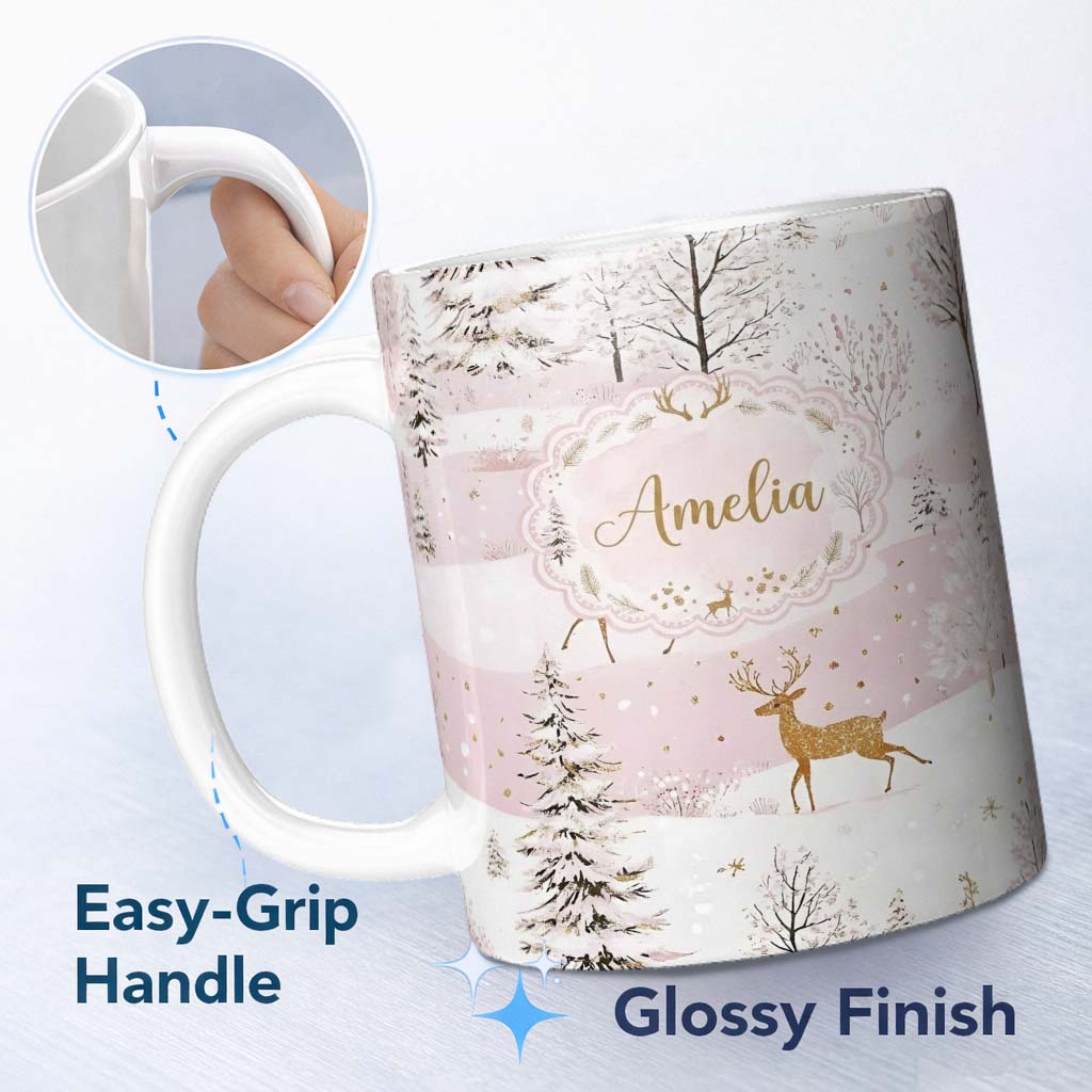 Personalized Custom Name Winter Deer Snow Forest Pink Landscape Seamless Pattern Lovely 11oz Ceramic Coffee Tea Mug White Large Handle