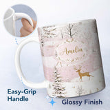 Personalized Custom Name Winter Deer Snow Forest Pink Landscape Seamless Pattern Lovely 11oz Ceramic Coffee Tea Mug White Large Handle