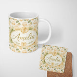 Personalized Custom Name Warm Beige and Green Monstera Leaves Soft Tropical Seamless Pattern 11oz Ceramic Coffee Tea Mug White Large Handle