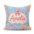 Custom Name Cute Christmas Gingerbread Candy House Seamless Blue Square Filled Cushion Throw Pillow Sofa Bed Home Decor Zip Washable UK Made