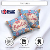 Custom Name Cute Christmas Gingerbread Candy House Seamless Blue Square Filled Cushion Throw Pillow Sofa Bed Home Decor Zip Washable UK Made