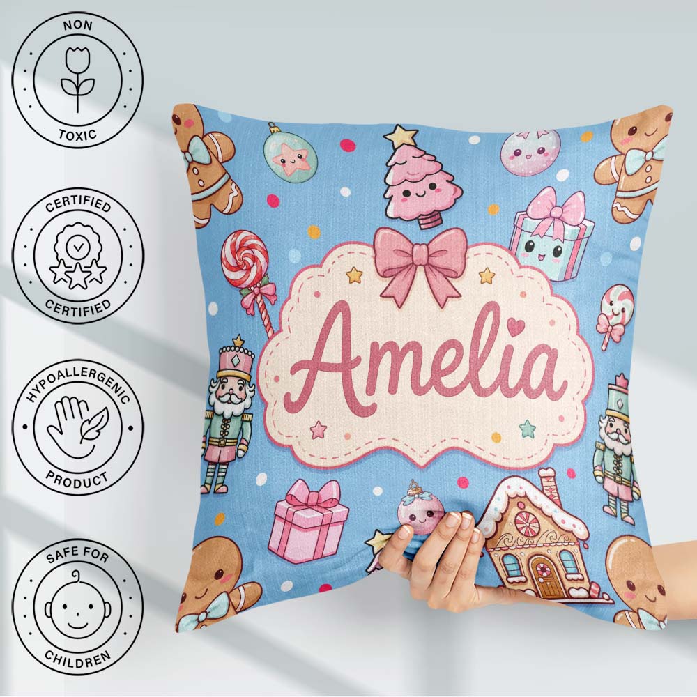 Custom Name Cute Christmas Gingerbread Candy House Seamless Blue Square Filled Cushion Throw Pillow Sofa Bed Home Decor Zip Washable UK Made