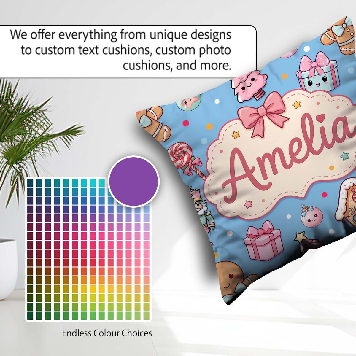 Custom Name Cute Christmas Gingerbread Candy House Seamless Blue Square Filled Cushion Throw Pillow Sofa Bed Home Decor Zip Washable UK Made