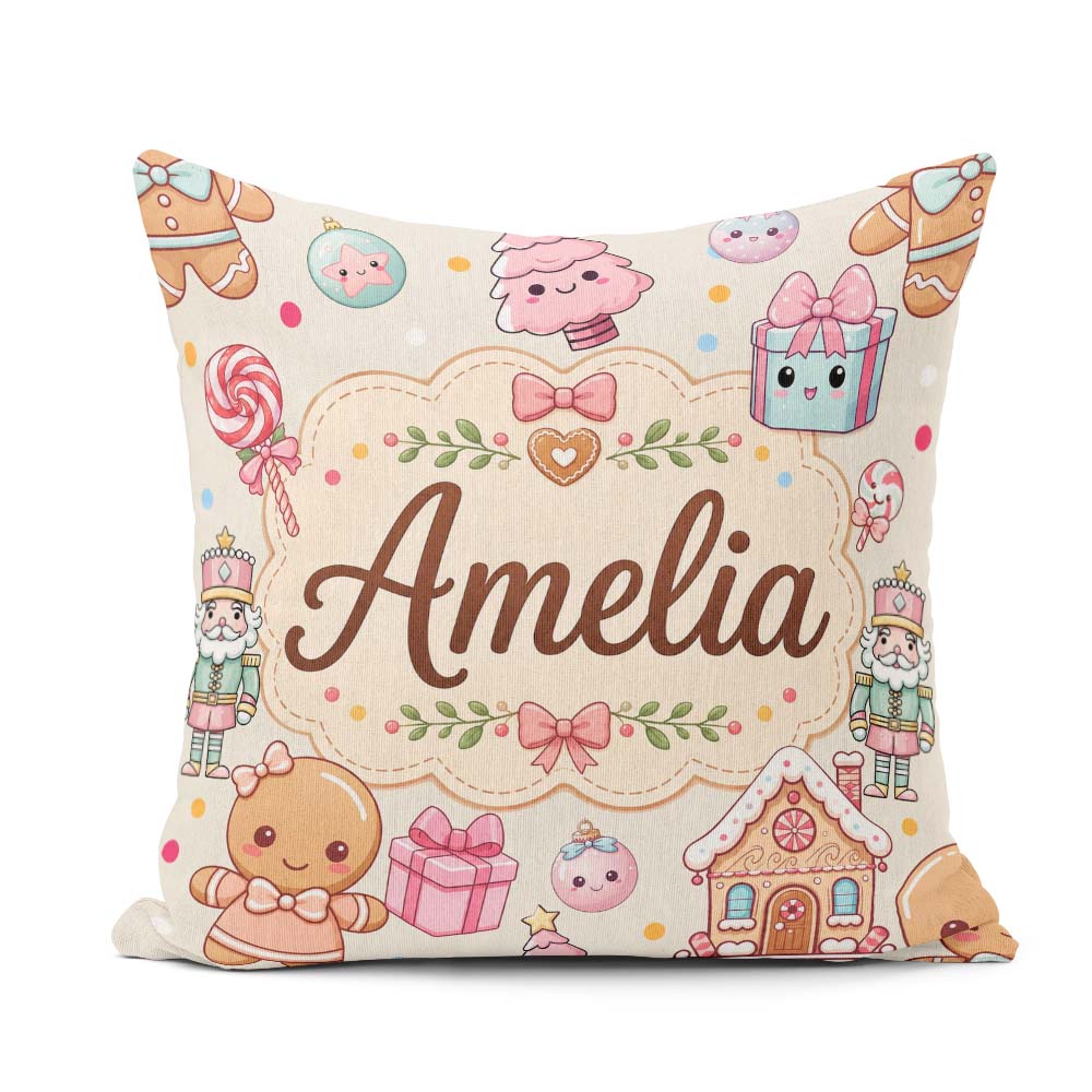 Custom Name Cute Christmas Gingerbread Candy House Pattern Cream Square Filled Cushion Throw Pillow Sofa Bed Home Decor Zip Washable UK Made