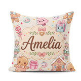 Custom Name Cute Christmas Gingerbread Candy House Pattern Cream Square Filled Cushion Throw Pillow Sofa Bed Home Decor Zip Washable UK Made
