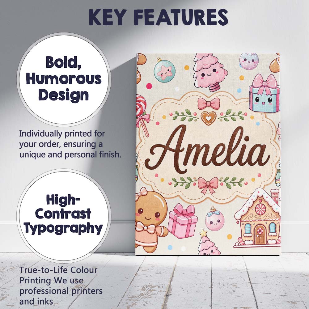 Personalised Name Cute Christmas Gingerbread Custom Bespoke  Contemporary Display Canvas Wall Art Print Decor Picture Ready to Hang