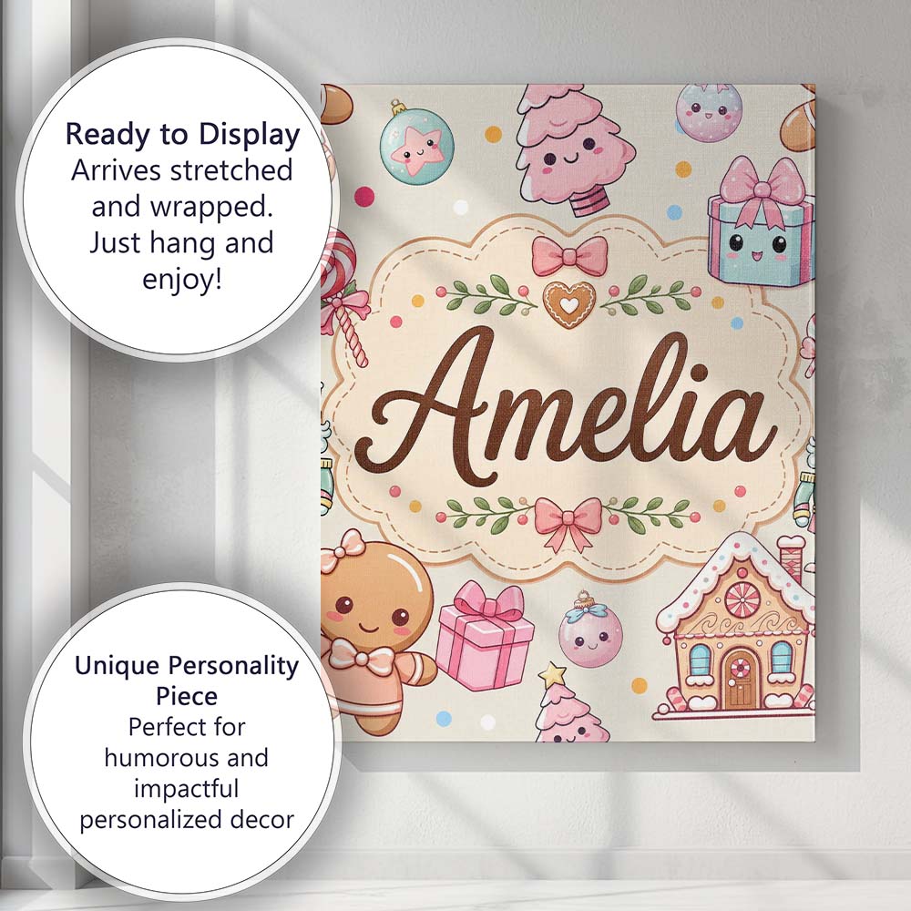 Personalised Name Cute Christmas Gingerbread Custom Bespoke  Contemporary Display Canvas Wall Art Print Decor Picture Ready to Hang