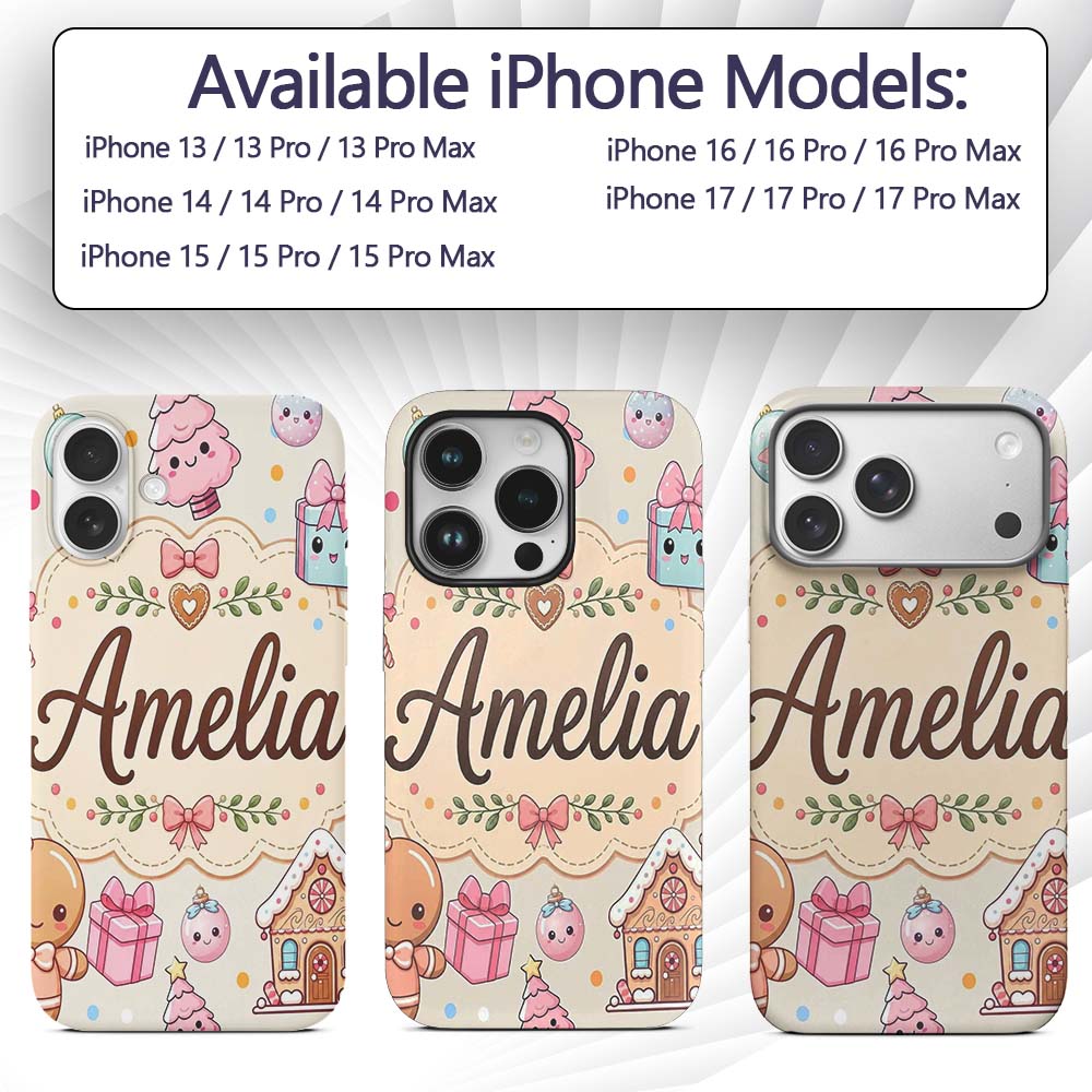 Cute Christmas Gingerbread Candy Printed Design Custom Name Protective Phone Case Mobile Cover Durable Everyday Smartphone Shock Resistant