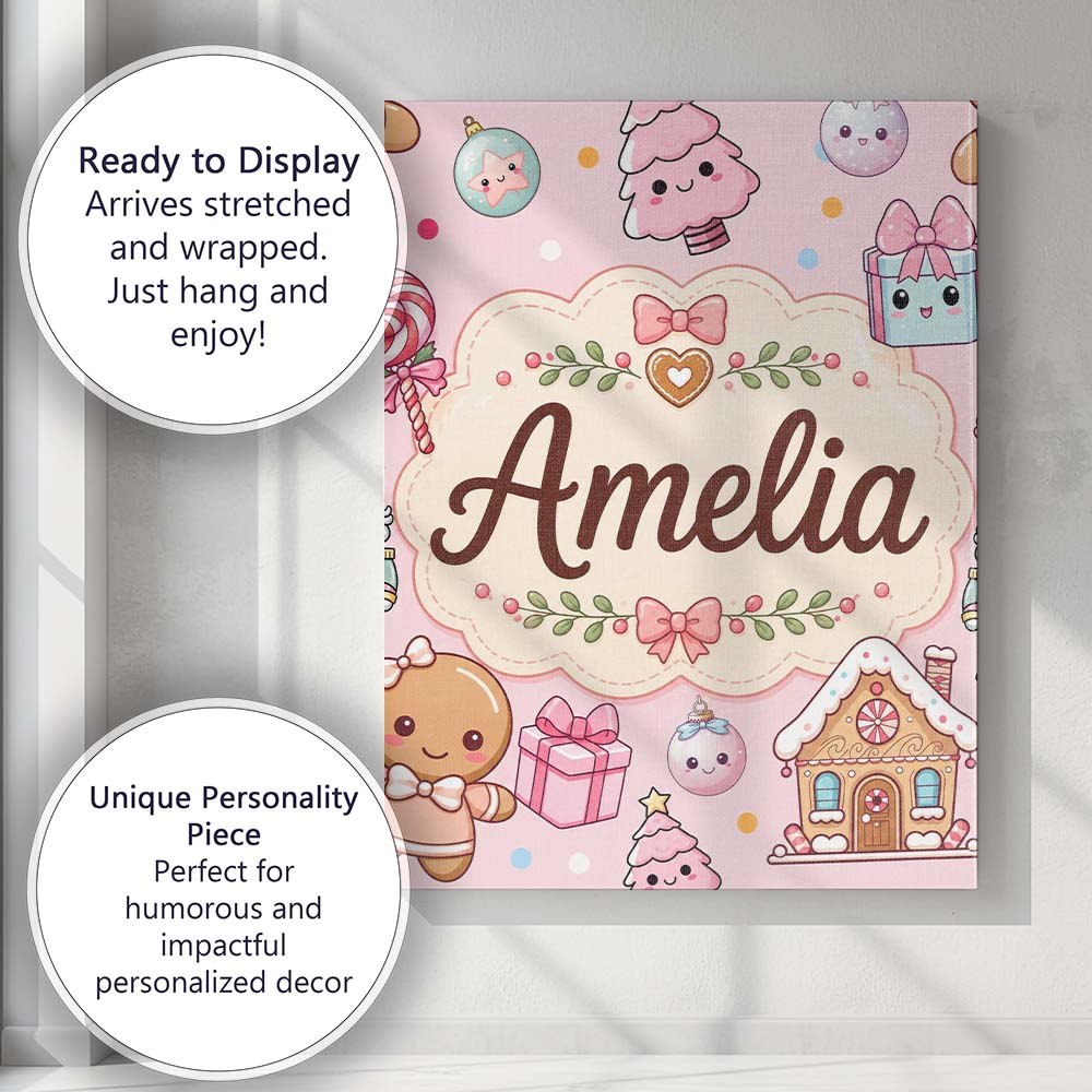 Personalised Name Cute Christmas Gingerbread Custom Bespoke  Contemporary Display Canvas Wall Art Print Decor Picture Ready to Hang