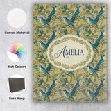 Personalised Name Teal Yellow Bird Botanical Branch Seamless Pattern Custom  Home Canvas Wall Art Print Decor Picture Ready to Hang