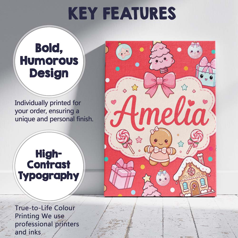 Personalised Name Cute Christmas Gingerbread Custom Bespoke  Contemporary Display Canvas Wall Art Print Decor Picture Ready to Hang