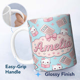 Personalized Custom Name Cute Kawaii Maths Cat Calculator Ruler Seamless Pattern Blue Lovely 11oz Ceramic Coffee Tea Mug White Large Handle