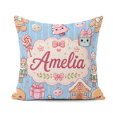 Custom Name Cute Christmas Candy House Gifts Pattern Blue Stripe Square Filled Cushion Throw Pillow Sofa Bed Home Decor Zip Washable UK Made