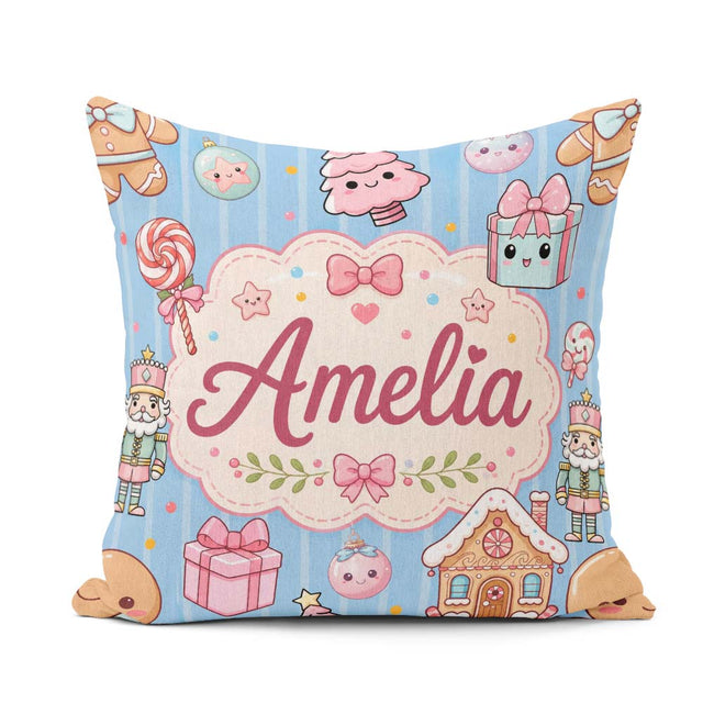 Custom Name Cute Christmas Candy House Gifts Pattern Blue Stripe Square Filled Cushion Throw Pillow Sofa Bed Home Decor Zip Washable UK Made