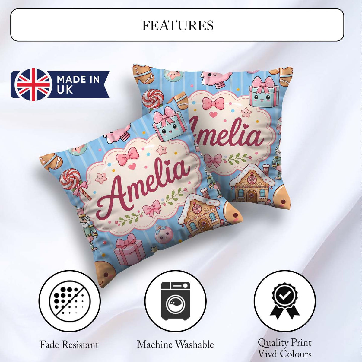 Custom Name Cute Christmas Candy House Gifts Pattern Blue Stripe Square Filled Cushion Throw Pillow Sofa Bed Home Decor Zip Washable UK Made