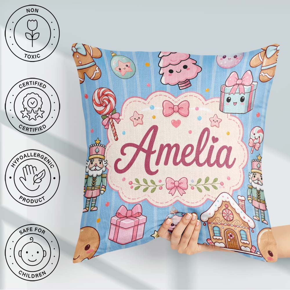 Custom Name Cute Christmas Candy House Gifts Pattern Blue Stripe Square Filled Cushion Throw Pillow Sofa Bed Home Decor Zip Washable UK Made