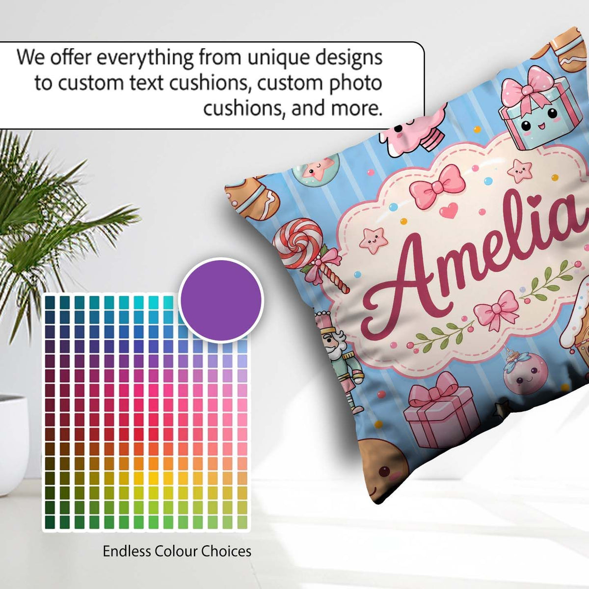 Custom Name Cute Christmas Candy House Gifts Pattern Blue Stripe Square Filled Cushion Throw Pillow Sofa Bed Home Decor Zip Washable UK Made