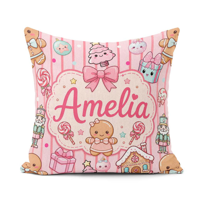 Custom Name Cute Christmas Candy House Gifts Pattern Pink Stripe Square Filled Cushion Throw Pillow Sofa Bed Home Decor Zip Washable UK Made
