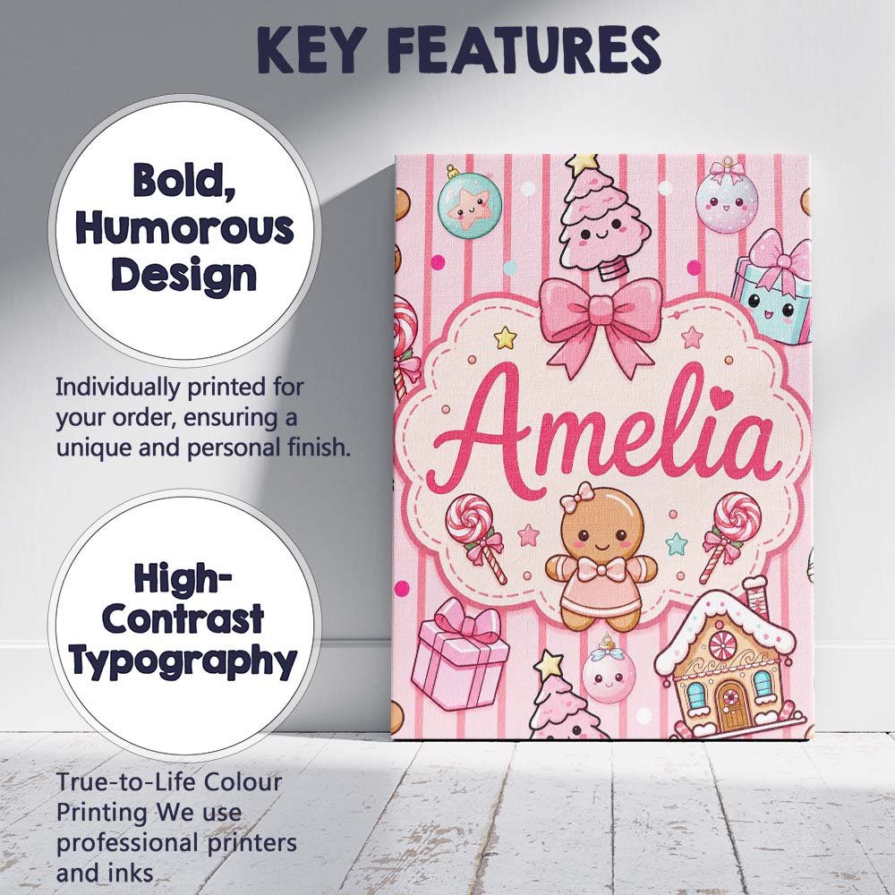 Personalised Name Cute Christmas Gingerbread Custom Bespoke  Contemporary Display Canvas Wall Art Print Decor Picture Ready to Hang