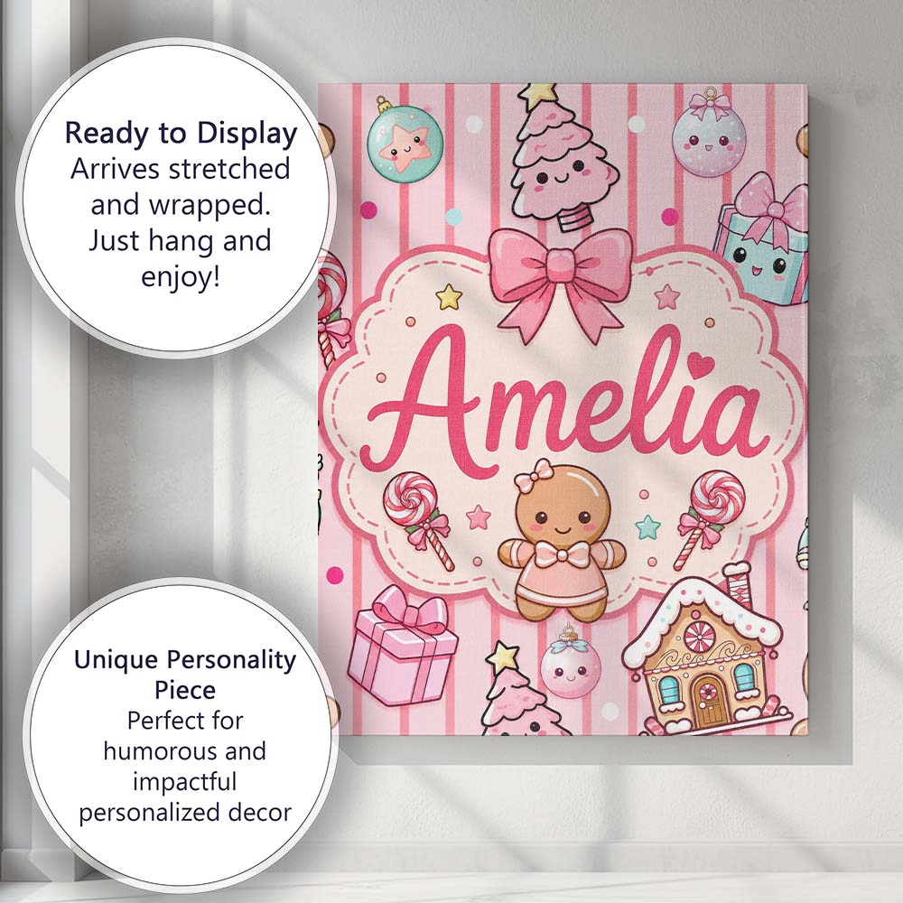 Personalised Name Cute Christmas Gingerbread Custom Bespoke  Contemporary Display Canvas Wall Art Print Decor Picture Ready to Hang