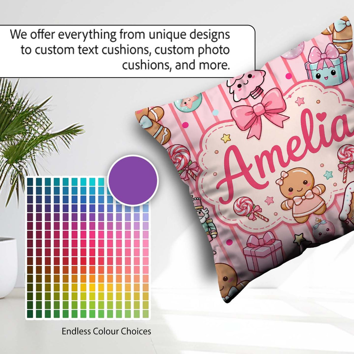 Custom Name Cute Christmas Candy House Gifts Pattern Pink Stripe Square Filled Cushion Throw Pillow Sofa Bed Home Decor Zip Washable UK Made