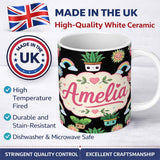 Personalized Custom Name Cute Kawaii Rainbow Sun Flowers Plant Pots Seamless Pattern Black 11oz Ceramic Coffee Tea Mug White Large Handle