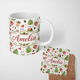 Personalized Custom Name Christmas Gifts Tree Bow Festive Holiday Seamless Pattern Lovely 11oz Ceramic Coffee Tea Mug White Large Handle