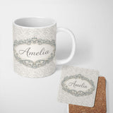 Personalized Custom Name Soft Sage Green Damask Seamless Pattern Vintage Elegant Ornamental 11oz Ceramic Coffee Tea Mug White Large Handle