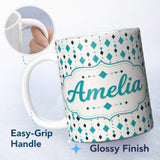 Personalized Custom Name Minimal Teal Black Diamond Geometric Seamless Pattern Lovely 11oz Ceramic Coffee Tea Mug White Large Handle
