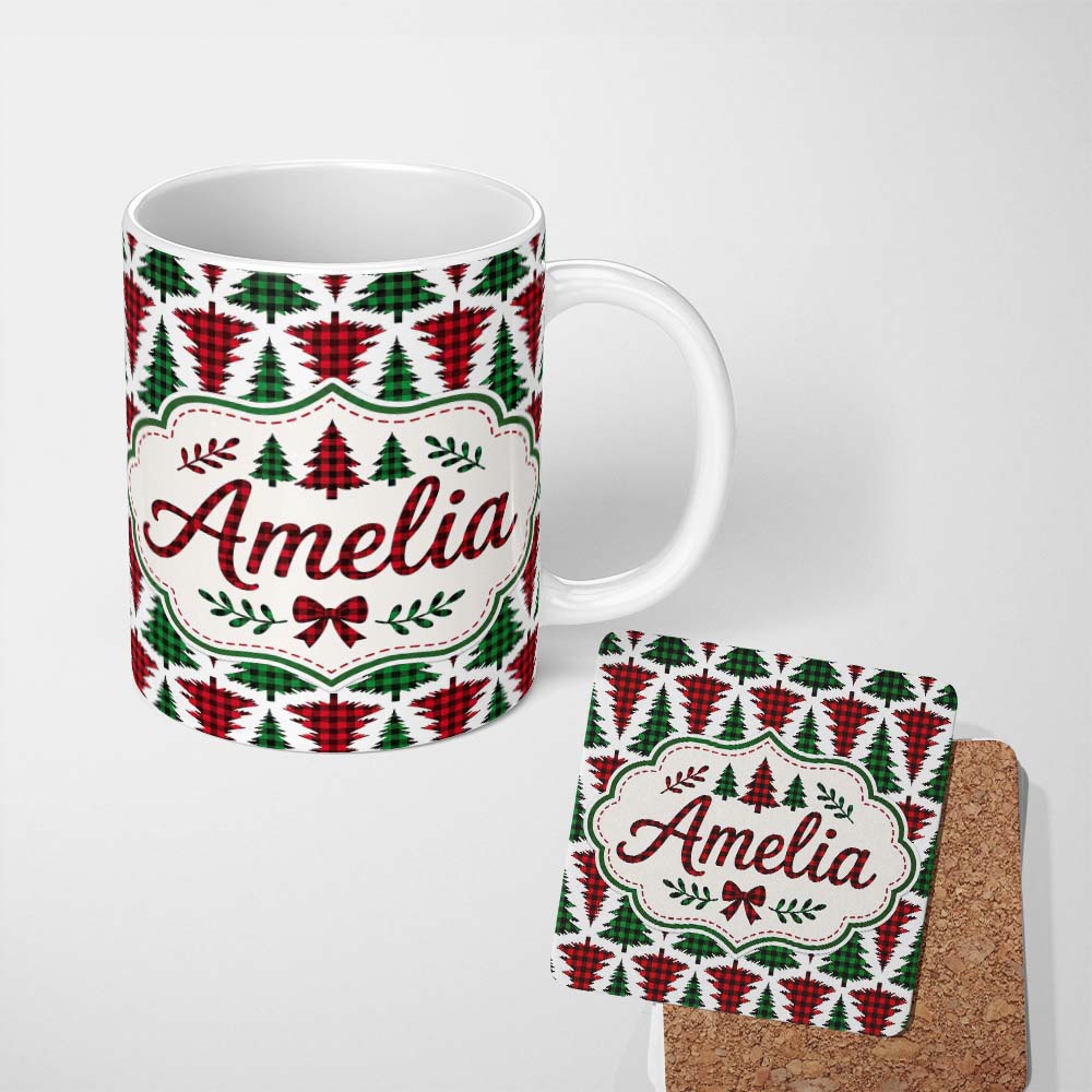 Personalized Custom Name Buffalo Plaid Christmas Tree in Red and Green Rustic Seamless 11oz Ceramic Coffee Tea Mug White Large Handle