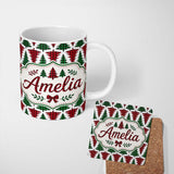 Personalized Custom Name Buffalo Plaid Christmas Tree in Red and Green Rustic Seamless 11oz Ceramic Coffee Tea Mug White Large Handle