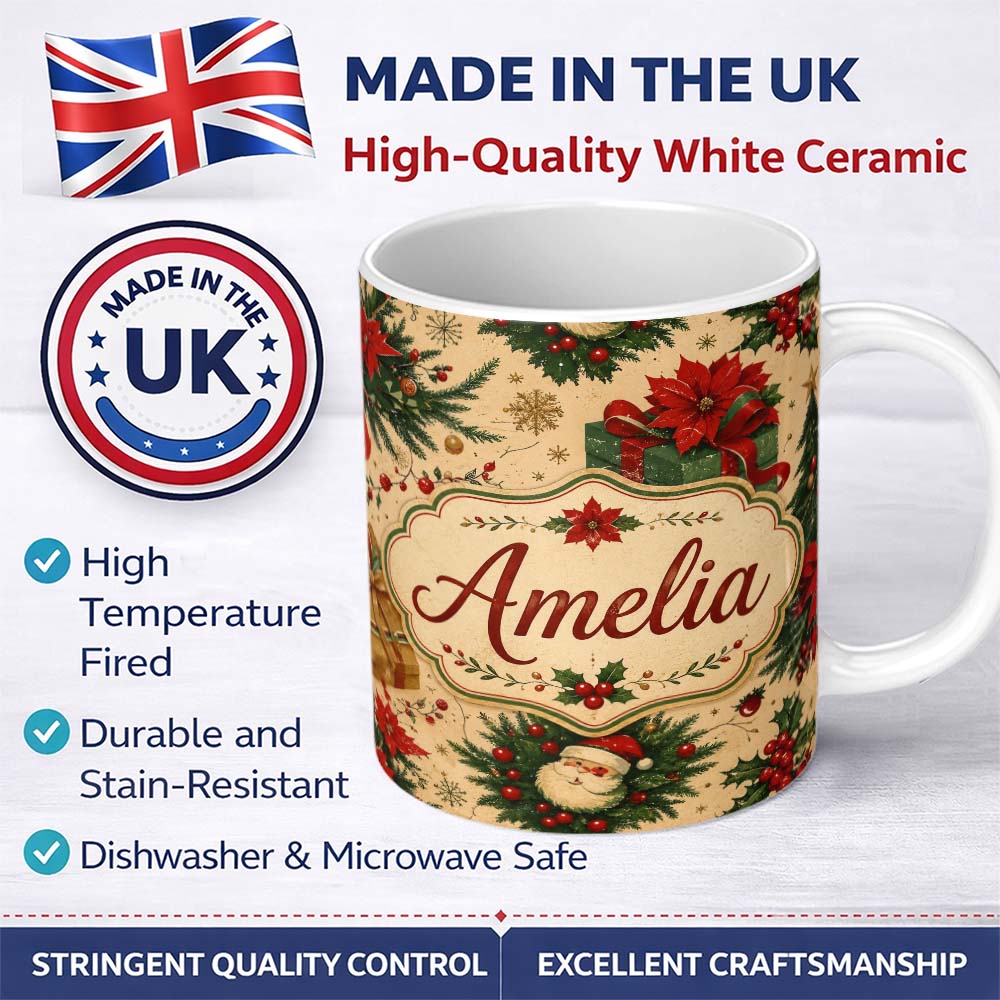Personalized Custom Name Christmas Gift Boxes Pine Branch Holiday Seamless Pattern Lovely 11oz Ceramic Coffee Tea Mug White Large Handle