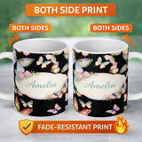 Personalized Custom Name Soft Multicolor Watercolor Butterflies Dark Background Seamless 11oz Ceramic Coffee Tea Mug White Large Handle