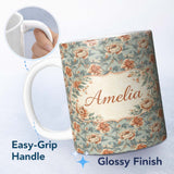 Personalized Custom Name Elegant Coral Cream Peony Botanical Seamless Pattern Lovely 11oz Ceramic Coffee Tea Mug White Large Handle