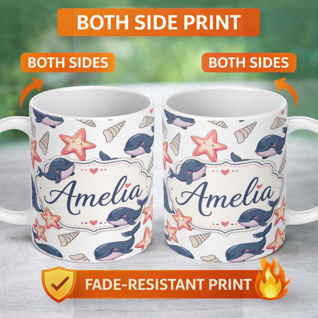 Personalized Custom Name Cute Cartoon Whales Starfish and Seashells Seamless Pattern Lovely 11oz Ceramic Coffee Tea Mug White Large Handle