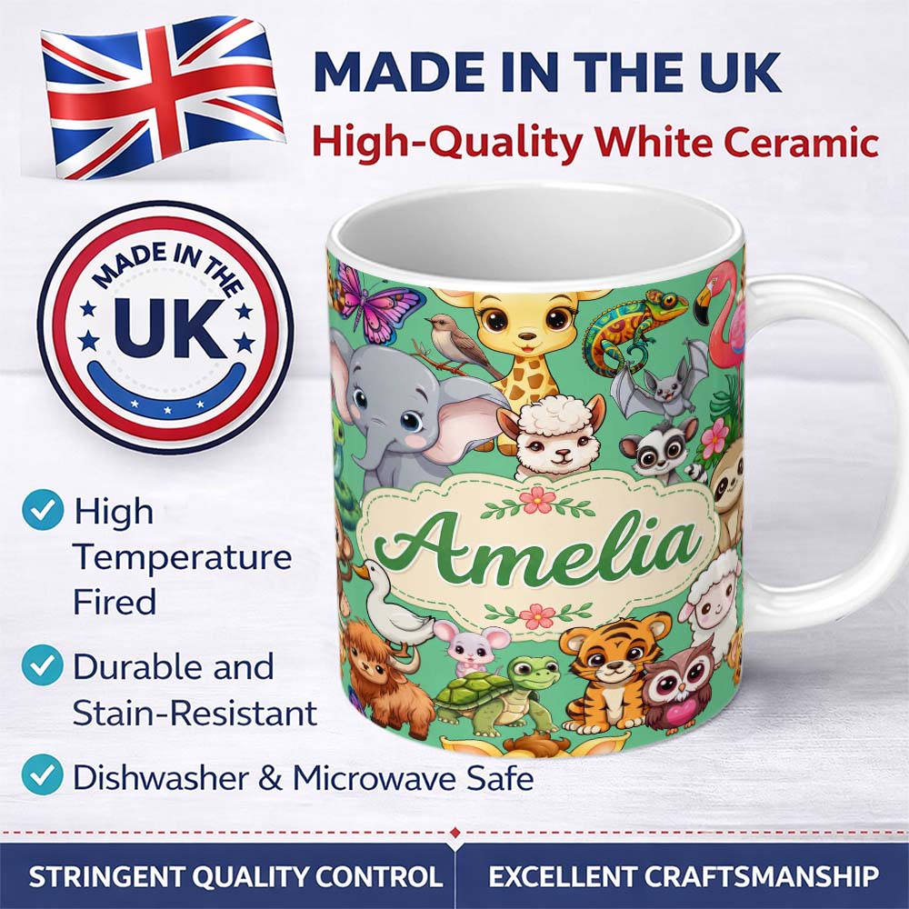 Personalized Custom Name Cute Cartoon Jungle Safari Animals Seamless Pattern on Green Lovely 11oz Ceramic Coffee Tea Mug White Large Handle
